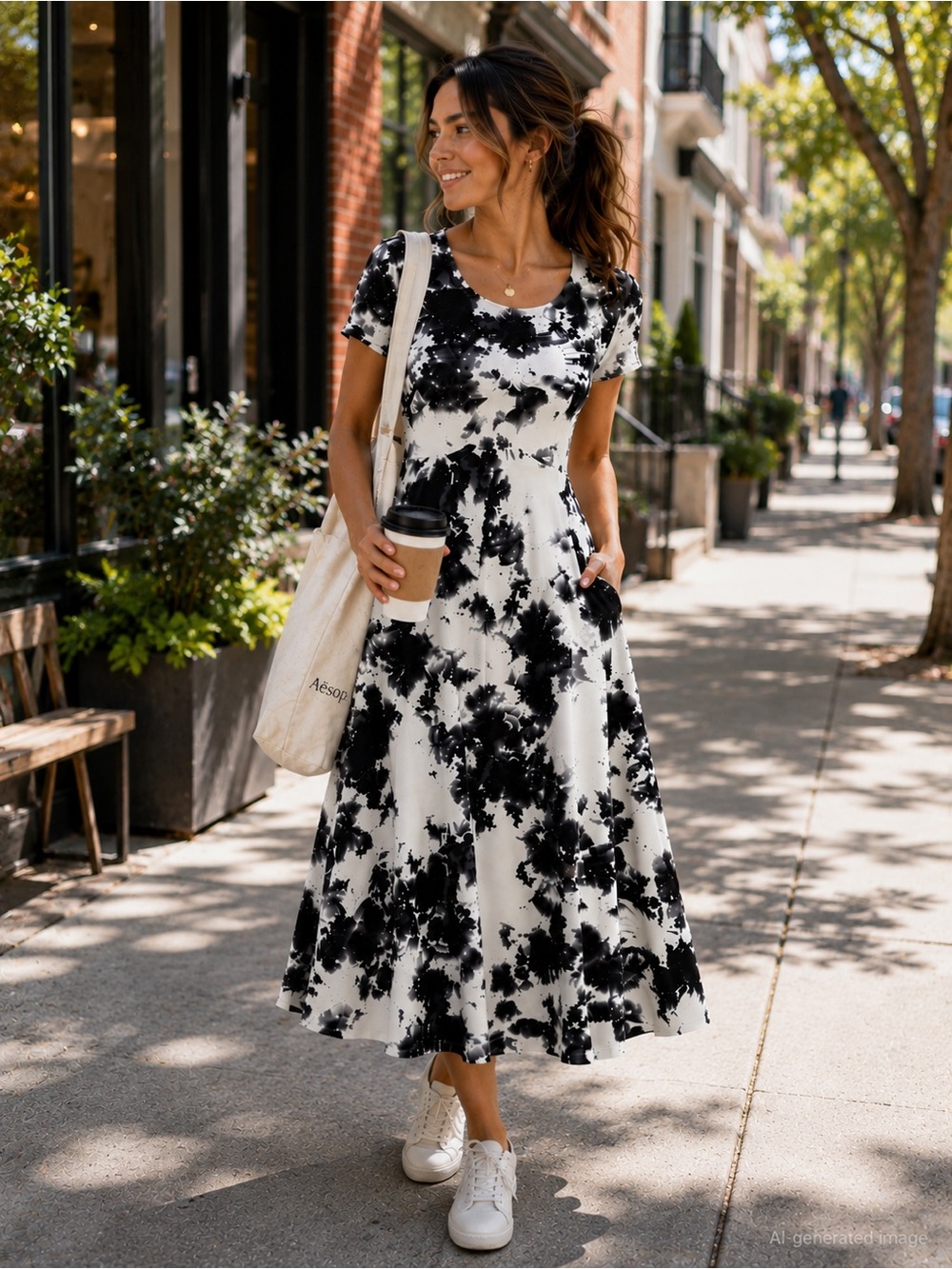 RAGA Black White Abstract Print Midi Dress S Casual Chic Revolve